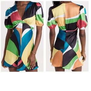 New STAUD Mini Milla Dress Marble Colorful V-Neck Lightweight Satin Sz 10